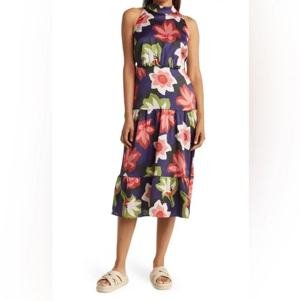SAM EDELMAN Navy floral Picasso halter neck tiered‎ midi dress size 2.